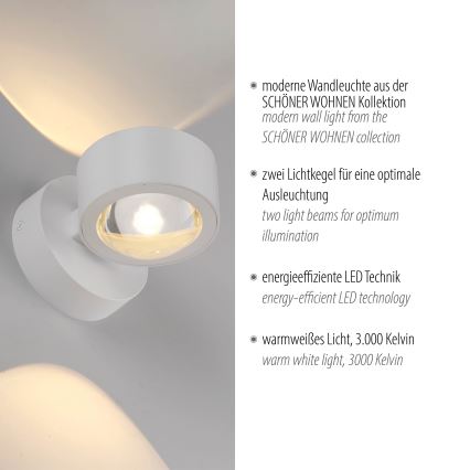 Schöner Wohnen 19331-16 - Aplique de parede LED CHIA 2xLED/2W/230V branco