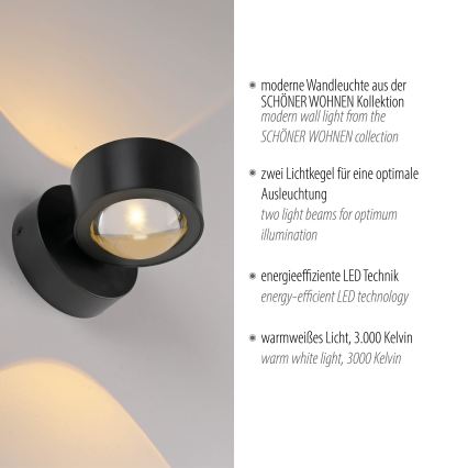 Schöner Wohnen 19331-18 - Aplique de parede LED CHIA 2xLED/2W/230V preto