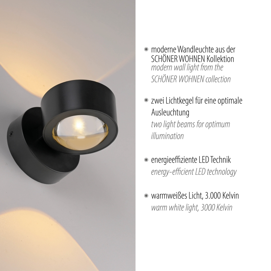 Schöner Wohnen 19331-18 - Aplique de parede LED CHIA 2xLED/2W/230V preto