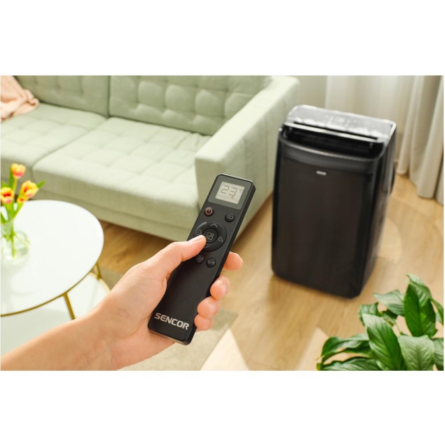 Sencor - Ar condicionado móvel inteligente 4 em 1 com acessórios completos 900W/230V 9000 BTU Wi-Fi preto + comando à distância