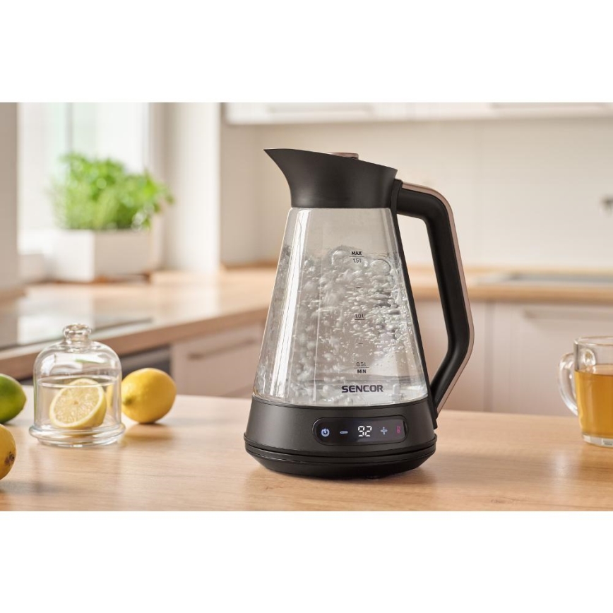 Sencor - Chaleira eléctrica de fervura rápida com termorregulação 1,5 l 2150W/230V preta/ouro rosa