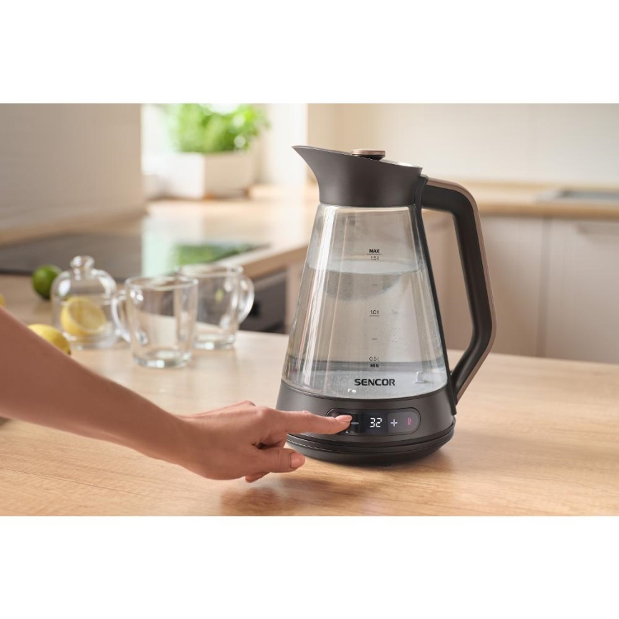 Sencor - Chaleira eléctrica de fervura rápida com termorregulação 1,5 l 2150W/230V preta/ouro rosa