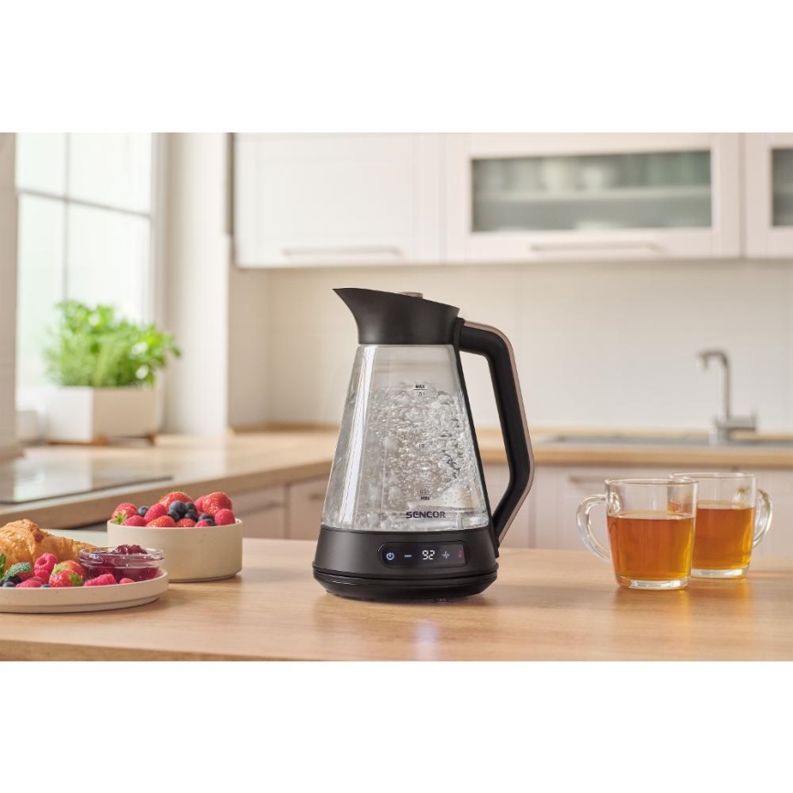 Sencor - Chaleira eléctrica de fervura rápida com termorregulação 1,5 l 2150W/230V preta/ouro rosa