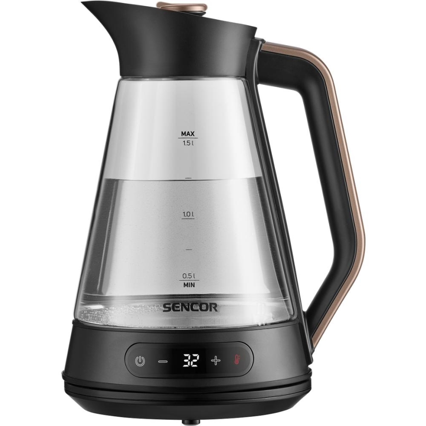 Sencor - Chaleira eléctrica de fervura rápida com termorregulação 1,5 l 2150W/230V preta/ouro rosa