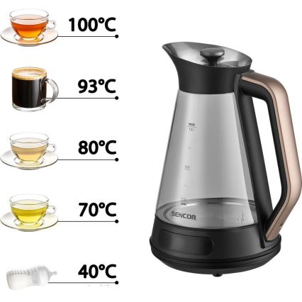 Sencor - Chaleira eléctrica de fervura rápida com termorregulação 1,5 l 2150W/230V preta/ouro rosa