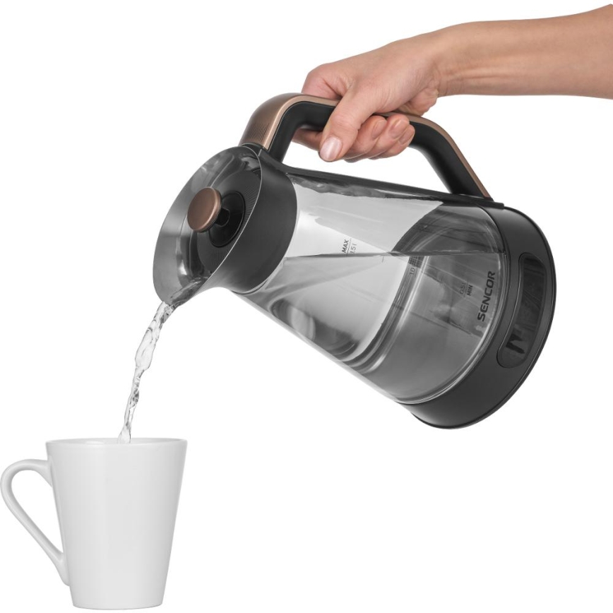 Sencor - Chaleira eléctrica de fervura rápida com termorregulação 1,5 l 2150W/230V preta/ouro rosa