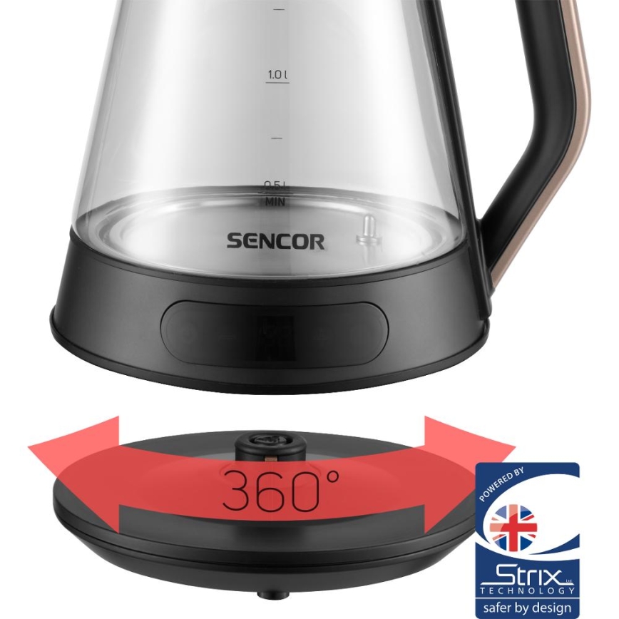 Sencor - Chaleira eléctrica de fervura rápida com termorregulação 1,5 l 2150W/230V preta/ouro rosa