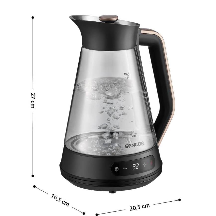 Sencor - Chaleira eléctrica de fervura rápida com termorregulação 1,5 l 2150W/230V preta/ouro rosa