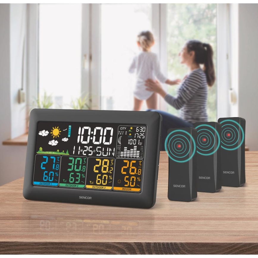 Sencor - Estação meteorológica com ecrã LCD a cores + 3 sensores 3xAA + 6xAA preta