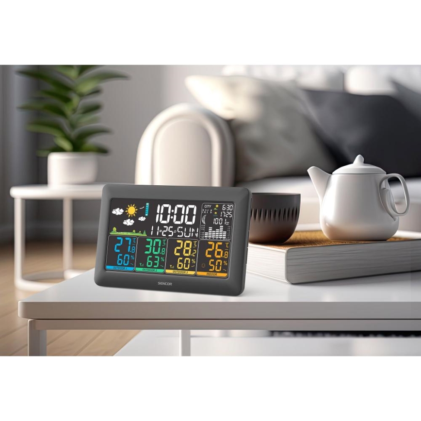 Sencor - Estação meteorológica com ecrã LCD a cores + 3 sensores 3xAA + 6xAA preta