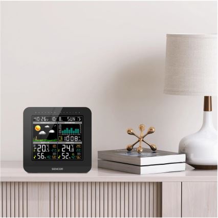 Sencor - Estação meteorológica com ecrã LCD a cores e despertador 3xAAA + 2x AA preto