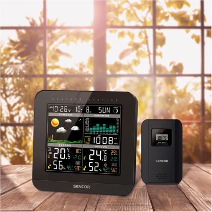 Sencor - Estação meteorológica com ecrã LCD a cores e despertador 3xAAA + 2x AA preto