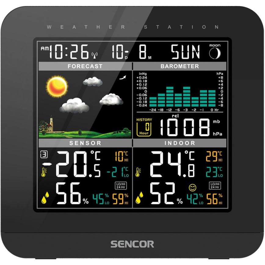 Sencor - Estação meteorológica com ecrã LCD a cores e despertador 3xAAA + 2x AA preto