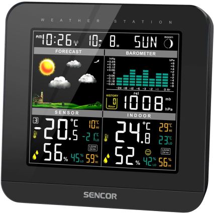 Sencor - Estação meteorológica com ecrã LCD a cores e despertador 3xAAA + 2x AA preto