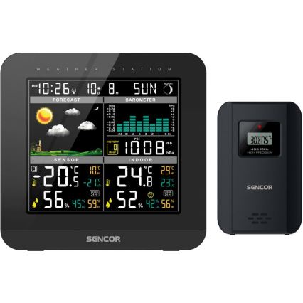 Sencor - Estação meteorológica com ecrã LCD a cores e despertador 3xAAA + 2x AA preto