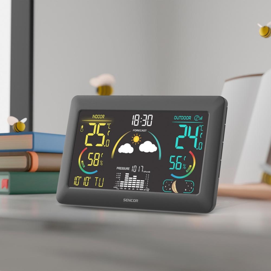Sencor - Estação meteorológica com ecrã LCD a cores e despertador 5V 3xAA + 2xAA