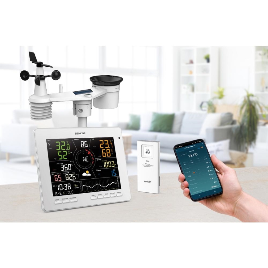 Sencor - Estação meteorológica profissional com ecrã LCD a cores 5V 1xCR2032 + 3xAA + 2xAA Wi-Fi Tuya