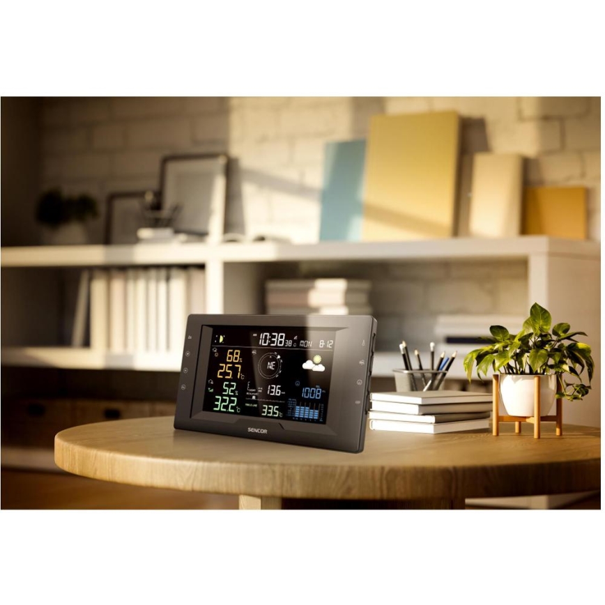 Sencor - Estação meteorológica profissional com ecrã LCD a cores e despertador, 5V/1xCR2032 + 3xAA