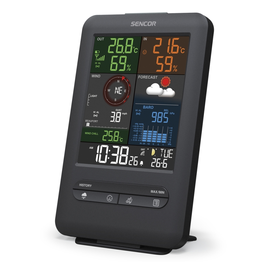 Sencor - Estação meteorológica profissional com ecrã LCD e despertador 1xCR2032 + 3xAA