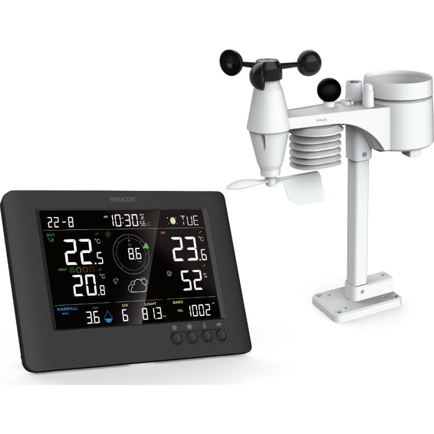 Sencor - Estação meteorológica profissional com ecrã LCD a cores e função de despertador, 5V/1xCR2032 + 3xAA