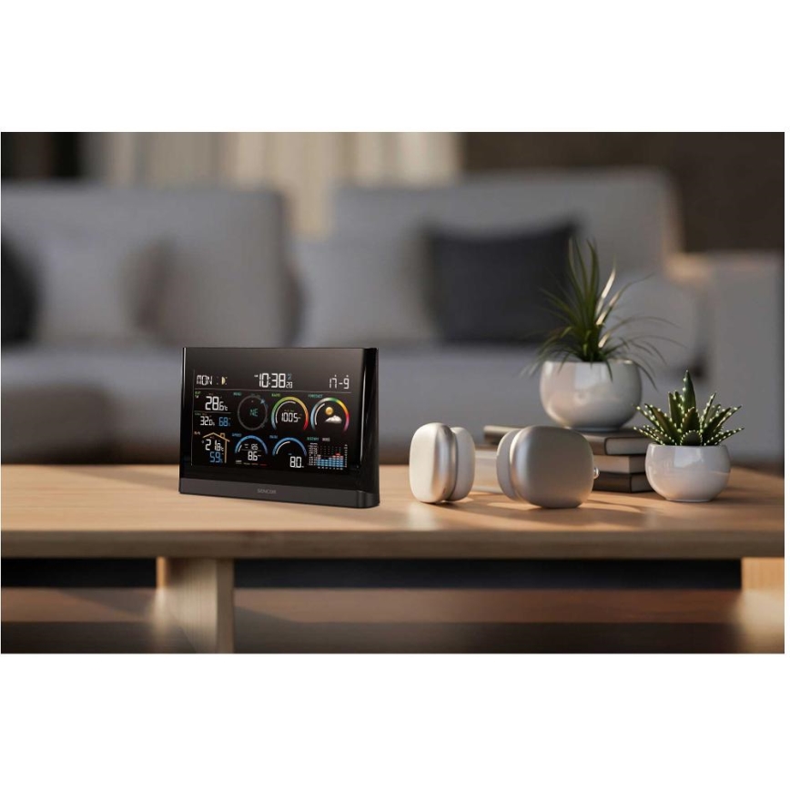 Sencor - Estação meteorológica profissional com ecrã LCD a cores e despertador 5V/3xAAA + 3xAA