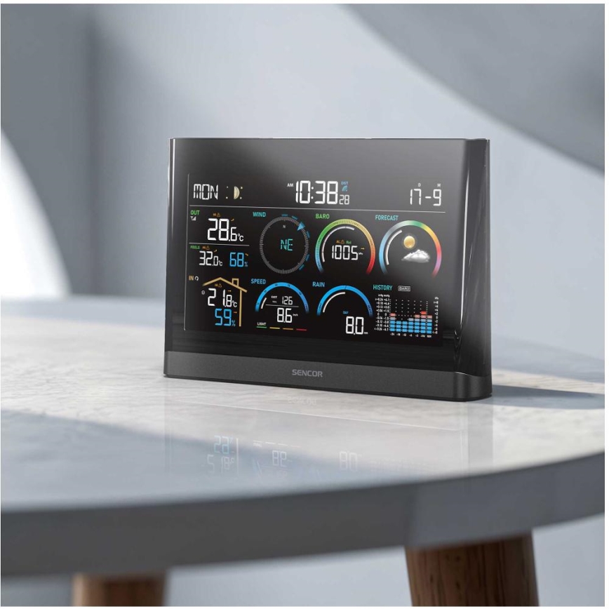 Sencor - Estação meteorológica profissional com ecrã LCD a cores e despertador 5V/3xAAA + 3xAA