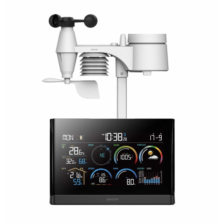 Sencor - Estação meteorológica profissional com ecrã LCD a cores e despertador 5V/3xAAA + 3xAA