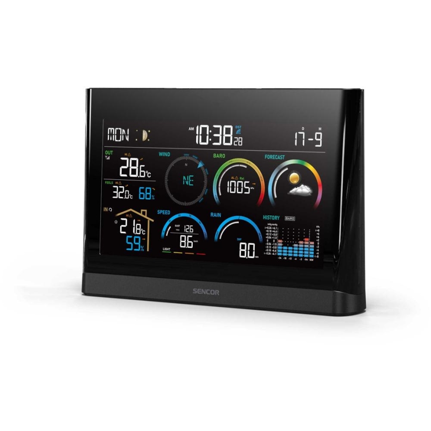 Sencor - Estação meteorológica profissional com ecrã LCD a cores e despertador 5V/3xAAA + 3xAA
