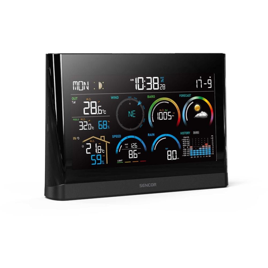 Sencor - Estação meteorológica profissional com ecrã LCD a cores e despertador 5V/3xAAA + 3xAA