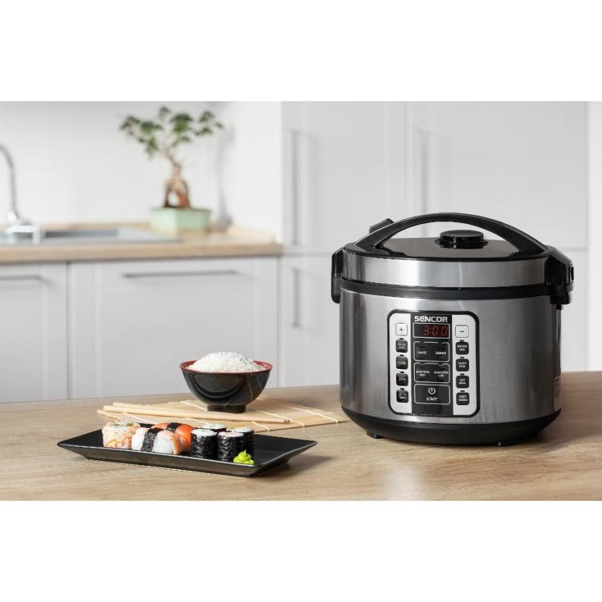 Sencor - Panela de arroz elétrica multifuncional 700W/230V 1,5 l aço inoxidável/preto