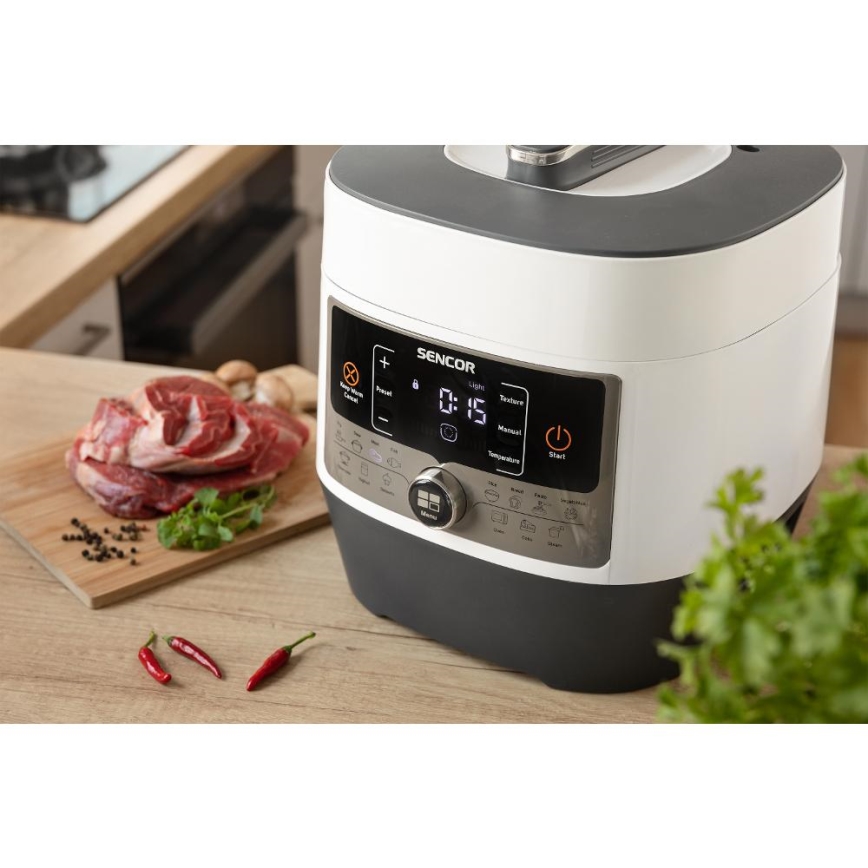 Sencor - Panela de pressão elétrica multifuncional 5,5 l 1000W/230V branco/preto