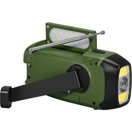 Sencor - Rádio de campismo com manivela, painel solar e lanterna LED, 5V/2000 mAh, IPX4, verde