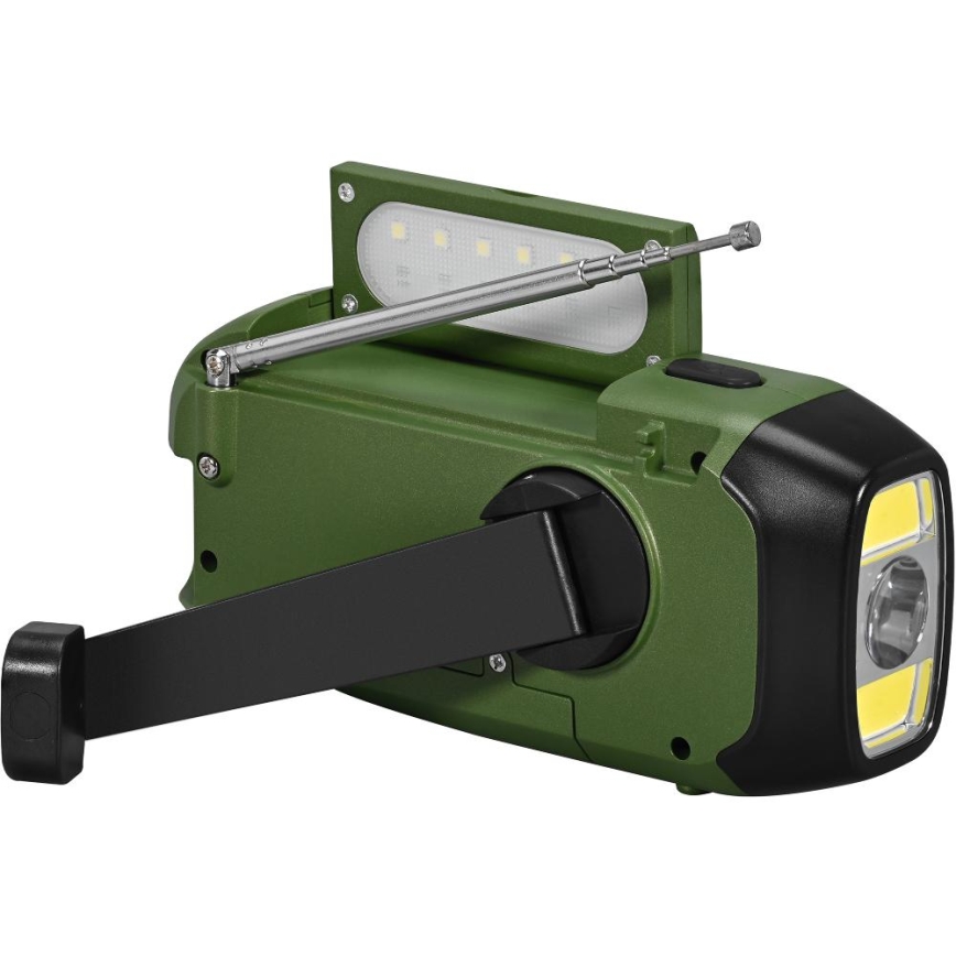 Sencor - Rádio de campismo com manivela, painel solar e lanterna LED, 5V/2000 mAh, IPX4, verde
