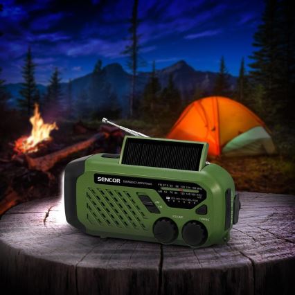 Sencor - Rádio de campismo com manivela, painel solar e lanterna LED, 5V/2000 mAh, IPX4, verde