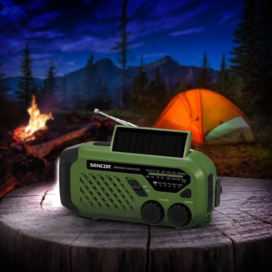 Sencor - Rádio de campismo com manivela, painel solar e lanterna LED, 5V/2000 mAh, IPX4, verde