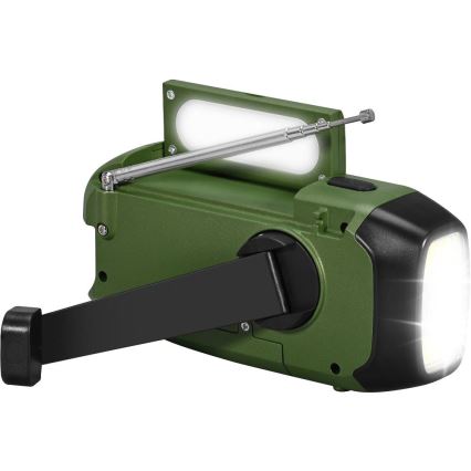 Sencor - Rádio de campismo com manivela, painel solar e lanterna LED, 5V/2000 mAh, IPX4, verde