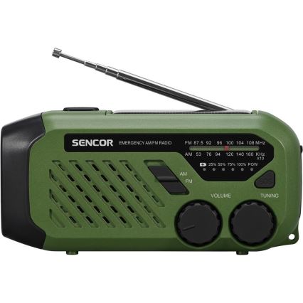 Sencor - Rádio de campismo com manivela, painel solar e lanterna LED, 5V/2000 mAh, IPX4, verde