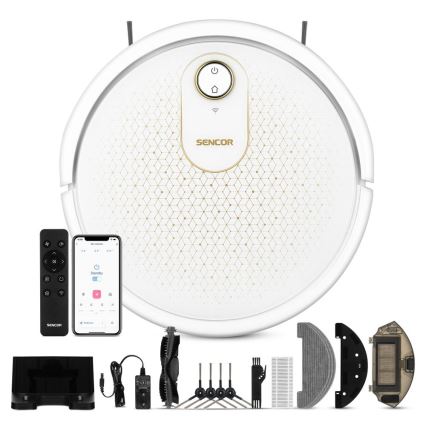 Sencor - Aspirador robô inteligente 2 em 1 com função de mop 28W/2600 mAh Wi-Fi branco + controlo remoto