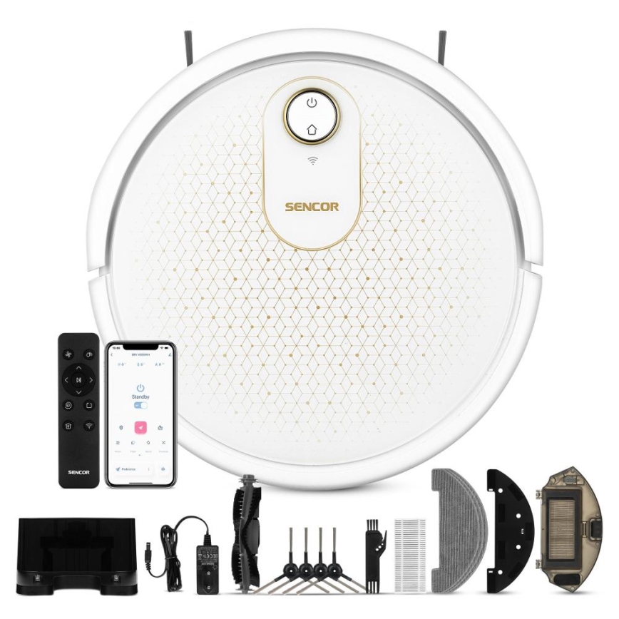 Sencor - Aspirador robô inteligente 2 em 1 com função de mop 28W/2600 mAh Wi-Fi branco + controlo remoto