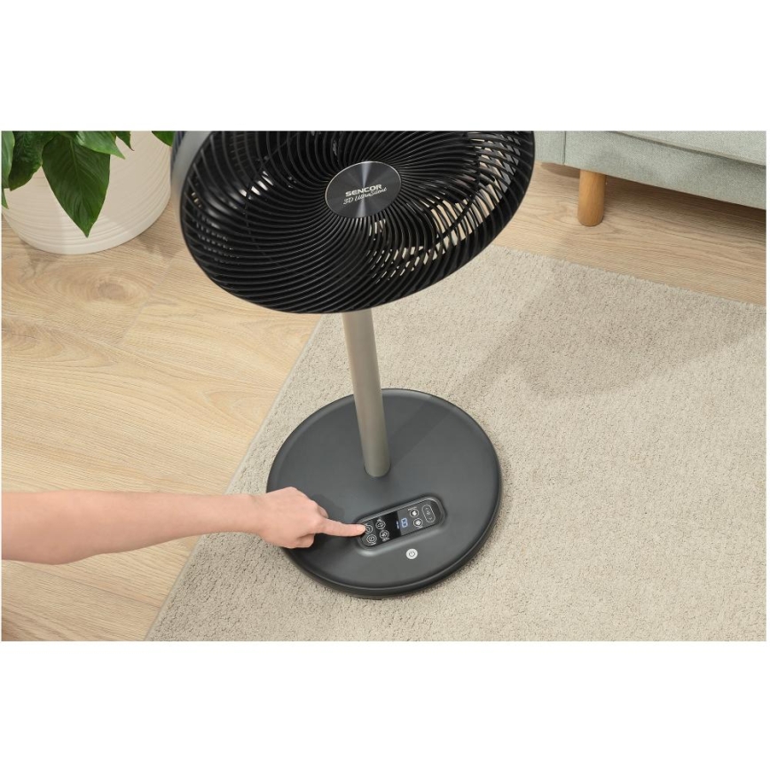 Sencor - Ventilador de pé 3D UltraSilent 26W/230V Wi-Fi preto + controlo remoto
