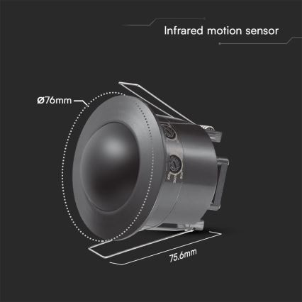 Sensor de movimento embutido PIR 360° 500W/230V preto