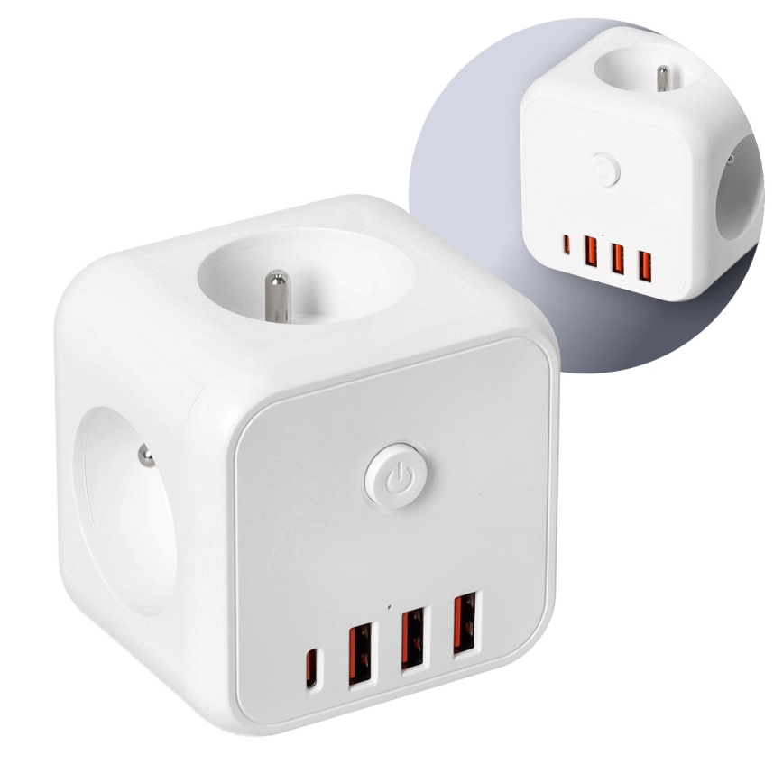 Separador de tomadas com interruptor LINEA 3x230V + 4xUSB A/C branco