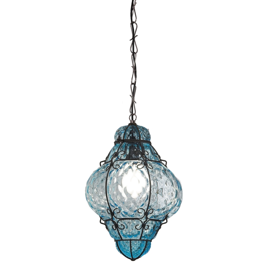 SIRU- Candeeiro suspenso CLASSIC 1xE27/60W/230V diâmetro 30 cm azul/preto Vidro veneziano