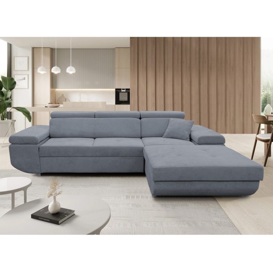 Sofá-cama de canto CASTELO em L, chaise à direita, com espaço de arrumação, cinzento escuro