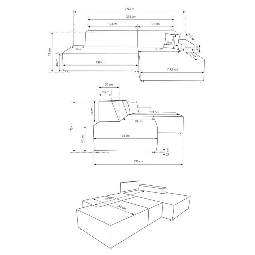 Sofá-cama de canto com arrumação em L TERAMO, canto direito, bege