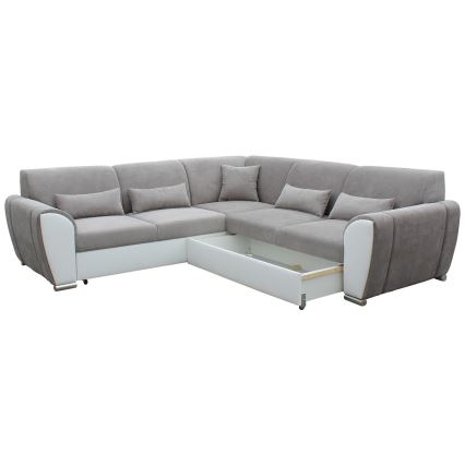 Sofá-cama de canto com arrumação em L VISEU, lado direito, cinzento/branco