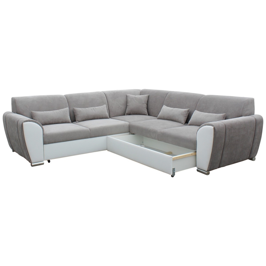 Sofá-cama de canto com arrumação em L VISEU, lado direito, cinzento/branco