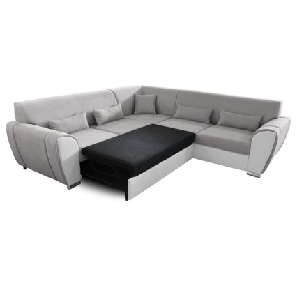 Sofá-cama de canto com arrumação em L VISEU, lado direito, cinzento/branco