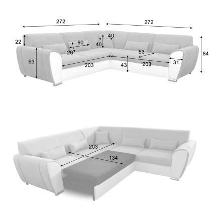 Sofá-cama de canto com arrumação em L VISEU, orientação à esquerda cinzento/branco