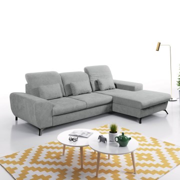 Sofá-cama de canto em L ALTA, estofado, com baú de arrumação, canto direito, cinzento